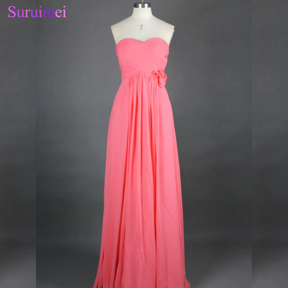 Real Sample On Sale Chiffon Floor Length Coral Bridesmaid Dresses With