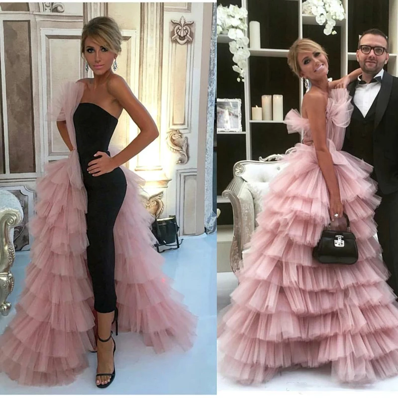 Gorgeous Pink Tulle Layered Ruffles Chic Evening Gowns 2018 New Cascading Ruffle Long Formal Celebrity Party Dress Prom Gowns149