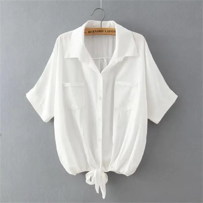 Women Long Or Short Sleeve White Linen Blouses Bow Knot