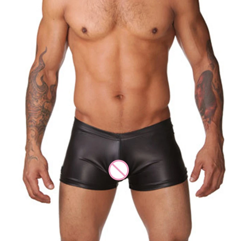 

New Sexy Underwear Boxers Sexy Faux Leather Low-rise Wet Look For Men Hot Underpants Underwear Cuecas Bulge Trunks Shorts