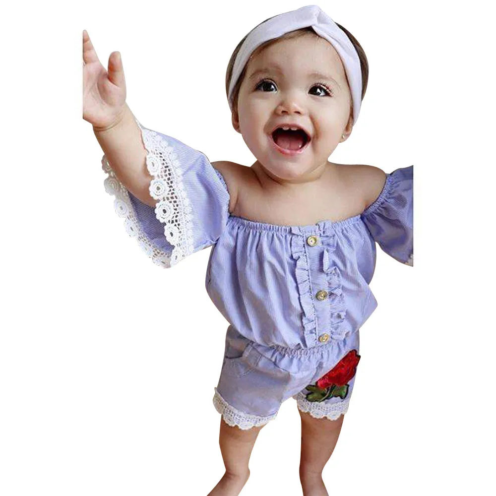 Casual Children Sets Infant Baby Girls Short Sleeve Lace Rose