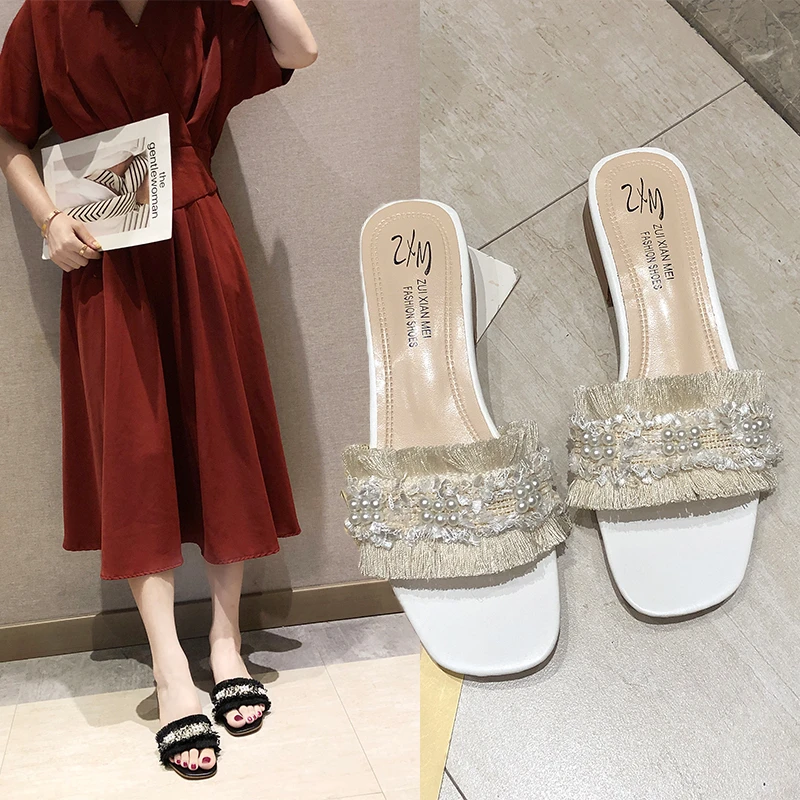 

Beaded tassel 2019 Women Slippers non-slip New Designers Summer Slides elegant Med Heels Slides leisure ladies shoes pantufa