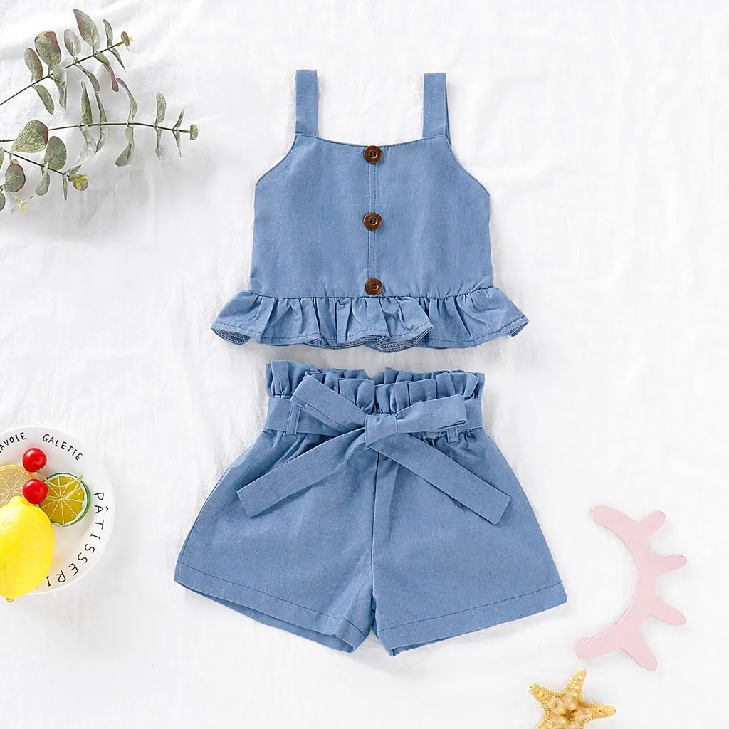 

toddler girl clothes Baby 2pcs Kid Fashion Girls Summer Clothing Ruffle Vest Tops Solid Bow Shorts Outfits Set baby girl clothes