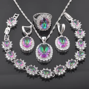 

2020 New Fashion Multicolor Rainbow Zirconia Silver Color For Women Fashion Jewelry Sets QS0576