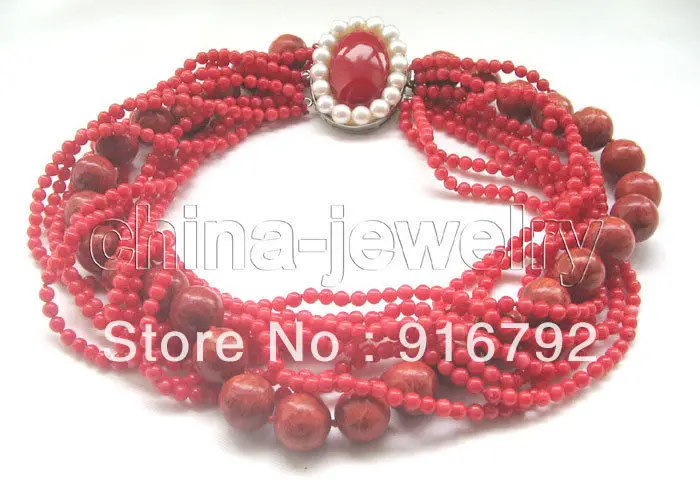 

free shipping >>>>>Beautiful 10row 18" 4-5mm & 14mm round red coral necklace - pearl clasp