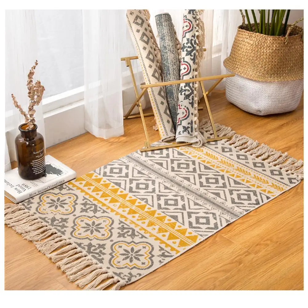 

New Hemp Cotton Bohemian American Style Carpet Mat Living Room Bedroom Bedside Mat Retro Celebrity Tassel Blanket Home Decor