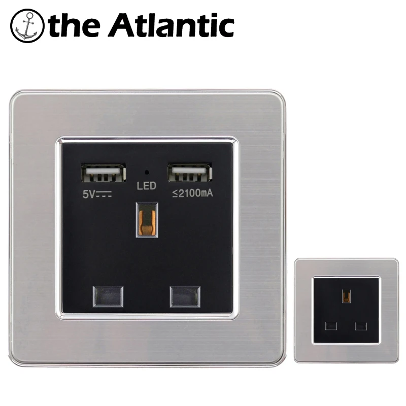 

UK Standard Dual USB Outlet Port 5V 2.1A Wall Charger Adapter LED Indicator 13A Socket Power Outlet Stainless Steel Panel