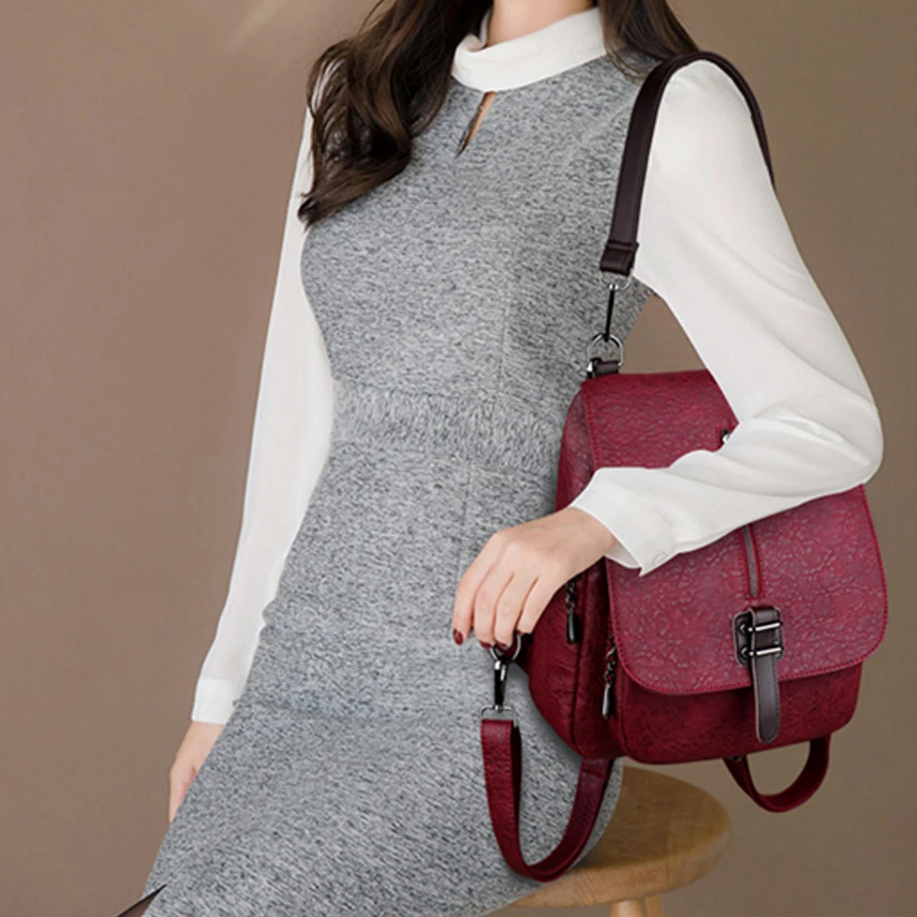 

FangNymph Magnetic Closure Shoulder Bag Casual Tote Multi-function Women Girls Vintage Stone Grain Vertical Zipper PU Backpack