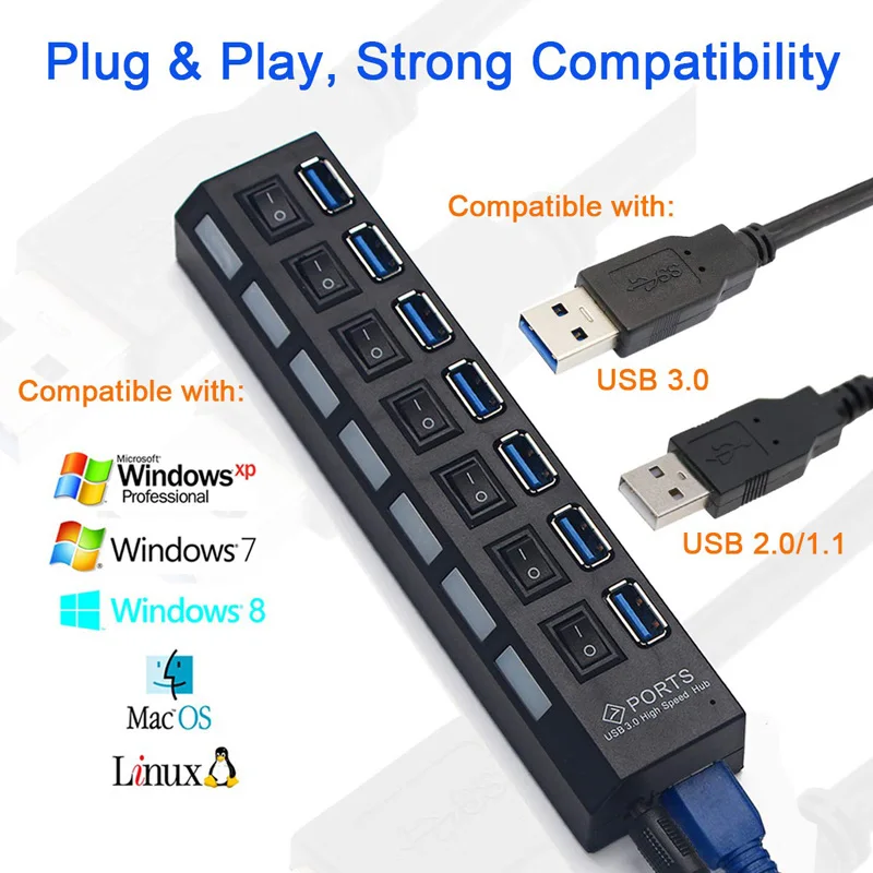 USB HUB 3,0 Супер скорость 5 Гбит/с 7 портов USB 3,0 usb-хаб с переключателем включения/выключения Platooninsert для компьютера ноутбука периферийные устройства