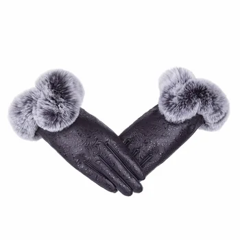 

Fashion Printed Brushed Rabbit Hair Ball PU Leather Gloves Women Full Finger Winter Warm Mittens Touch Screen Glove A0386