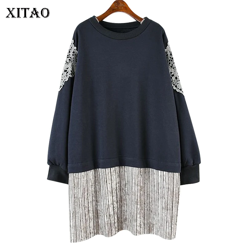 

[XITAO] Lace Patchwork Women 2018 Winter O-neck Full Sleeve Loose Dress Female Above Knee False Two Pieces Dress LYH2127
