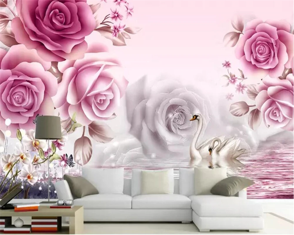 

Custom wallpaper romantic rose swan lake background mural home decoration living room bedroom Decorative painting 3d wallpaper