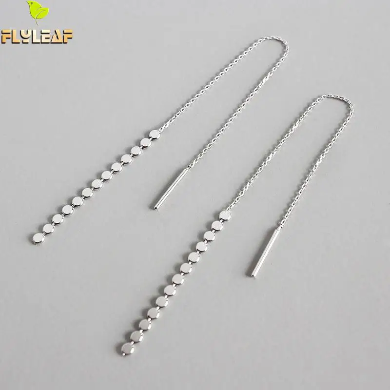 

Flyleaf 925 Sterling Silver Long Earrings For Women Flat Bead Chain Jewelry Femme Simple Dangle Drop Earings Fashion Jewelry