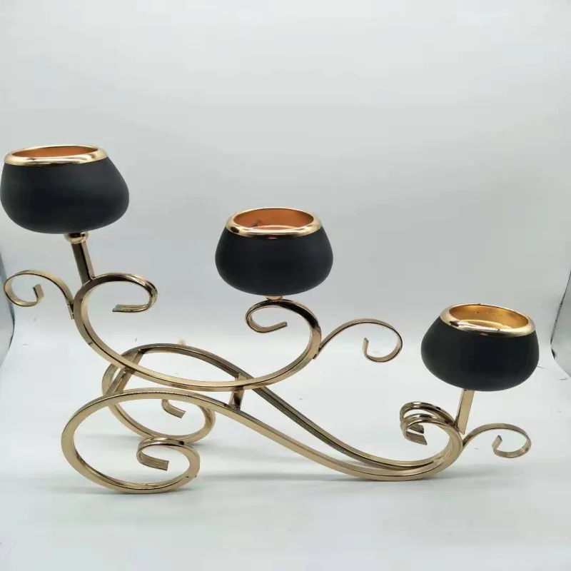 Дизайн, черный три подсвечника, позолоченный Свадебный канделябр/центральный подсвечник для украшения стола