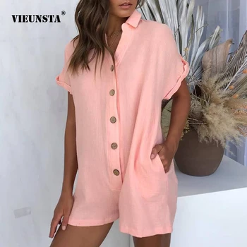 

VIEUNSTA Fashion 2019 Shirt Collar Women Button Playsuit Summer Jumpsuit Short Sleeve Pockets Rompers Casual Wide Leg Bodysuit