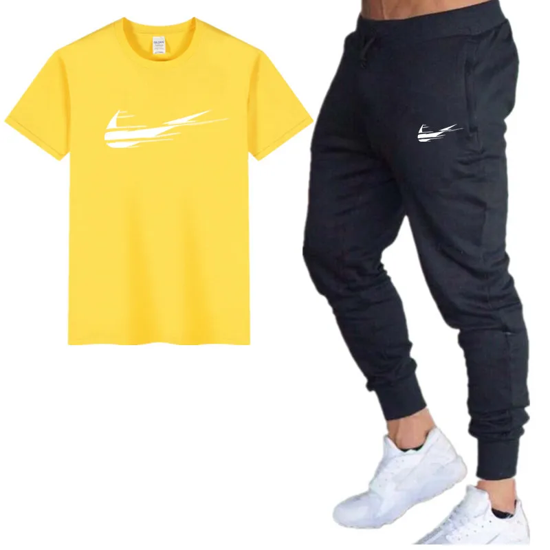 Harajuku Men's Sets T Shirts+Pants Men Brand clothing Two Piece Suit Tracksuit Fashion Casual Tshirts Gyms Workout Fitness Sets