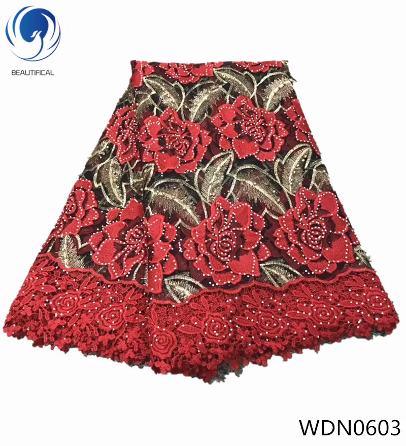 

BEAUTIFICAL nigerian lace wedding lace fabric big flower pattern with gold beads and rhinestones and guipure lace for lady WDN06
