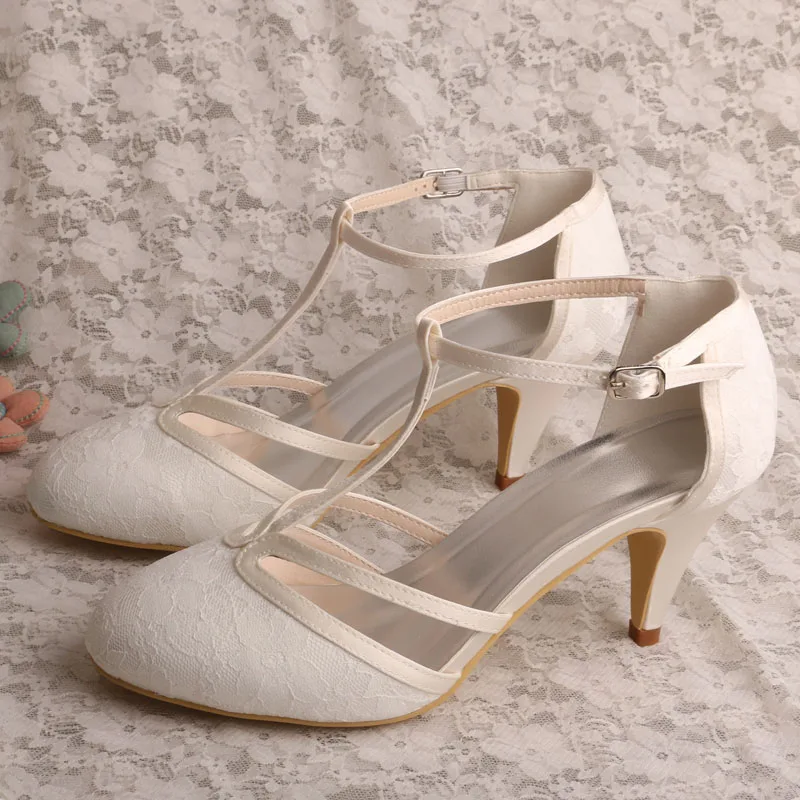 Custom Made High Heel T strap Shoes Wedding Ivory Lace Bridal Shoes Summer-in Women Cheap shoes wedding