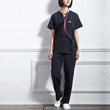 Черный стрейч женские медицинские наборы для скраба униформа для кормления топ и брюки V образным вырезом шнурок стоматологическая клиника хирургический Спецодежда