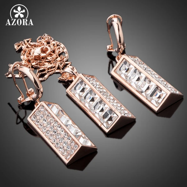 AZORA New Rose Gold Color Stellux Austrian Crystal Lamp Drop Earrings and Necklace Jewelry Sets TG0043