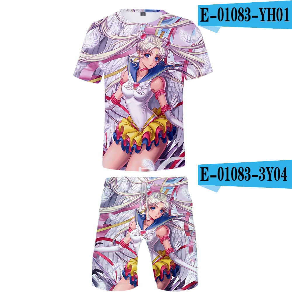 Свободный мультфильм Harajuku 3D Sailor moonHarajuku модный уличная комплект из двух предметов футболка с круглым вырезом и шорты аксессуары мужской набор - Цвет: A