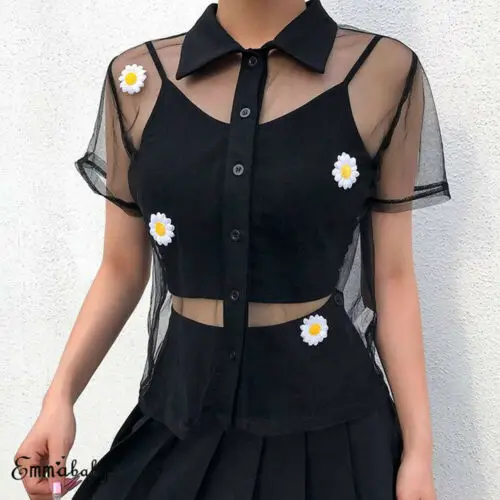 

New Women Button Mesh Sheer See Through Top Blouse Mesh Short Sleeves Fishnet Flower Shirts