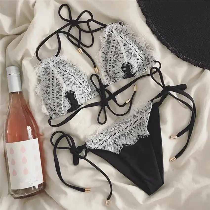 

NEW Swimwear Women Swimsuit Brazilian Bikinis Set Bathing Suit Biqini Maillot De Bain Femme Black Solid Lace Sexy Bandage Bikini