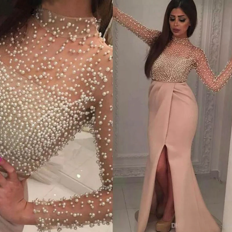 

Sexy Evening Dresses Mermaid Illusion Long Sleeves High Neck Pearls Saudi Arabic Formal Prom Evening Gown