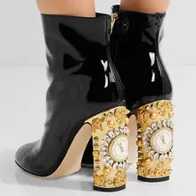 Настоящая фотография; роскошные часы с алмазами; женские ботильоны на высоком массивном каблуке с кристаллами; короткие Ботинки на каблуке