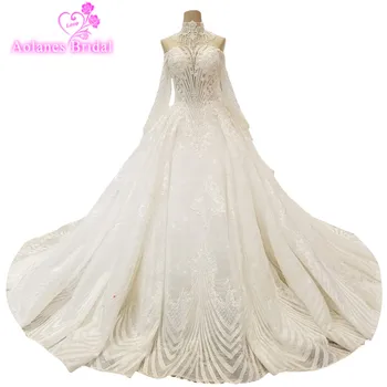 

2018 Champagne Lace Long Sleeves Boat Neck Chapel Train Weding Dress Backless Ball Gown Off The Shoulder Vintage Wedding Dresses