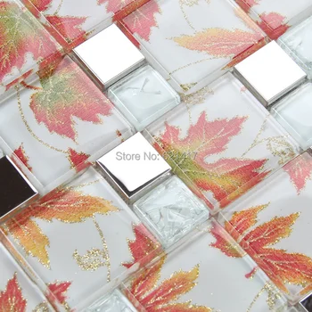 

red maple leaf art painting glossy glass mixed metal mosaic tiles kitchen back splash mosaic bathroom shower 12x12" mosaic