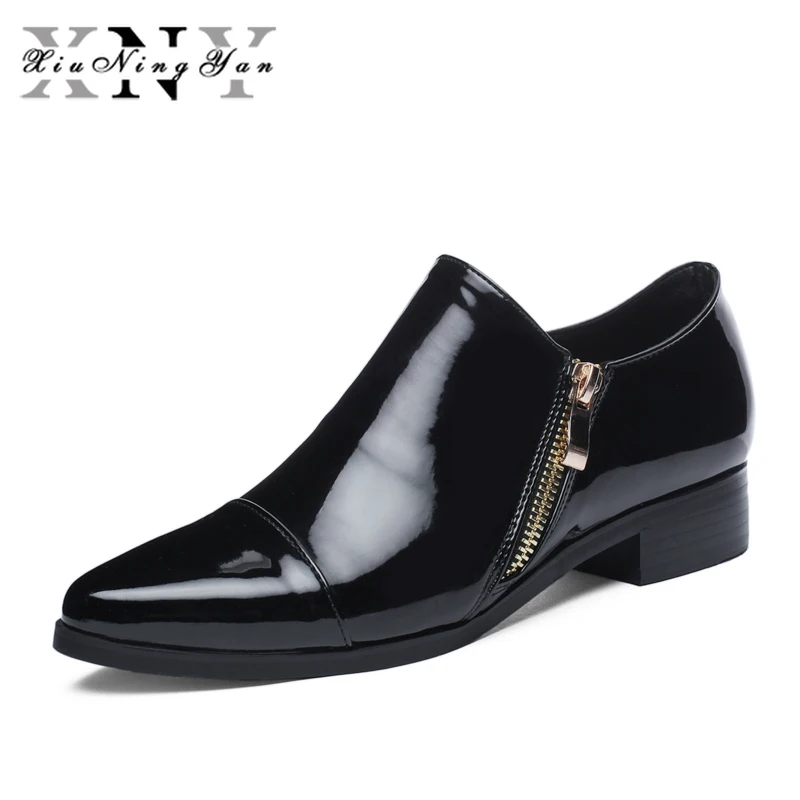 

Women's Pumps Patent Leather Pointed Toe Punk Style Square Heel Zipper Ladies Dress Shoes Wedding Party Office Lady Shoes 2019
