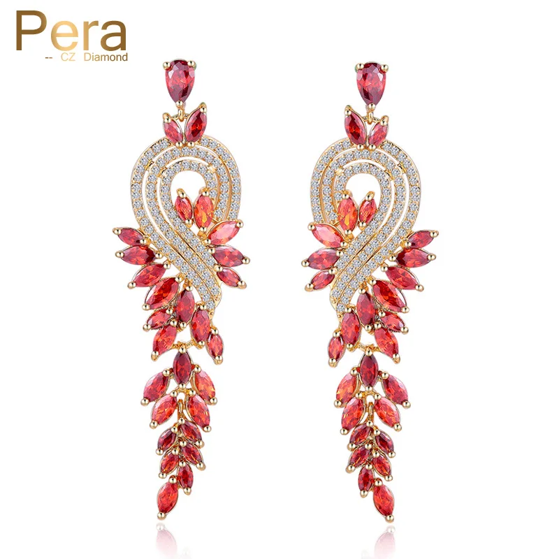 

Pera Fashion Famous Brand India Red CZ Stone Jewelry Long Dropping Big Leaf Shape Women Evening Party Cubic Zircon Earrings E228