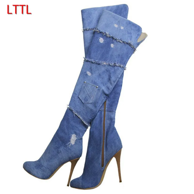 denim patchwork platform boots