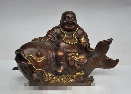 

S2084 10"China Bronze gilt Happy Maitreya Buddha Ride Fish Coin YuanBao wealth Statue