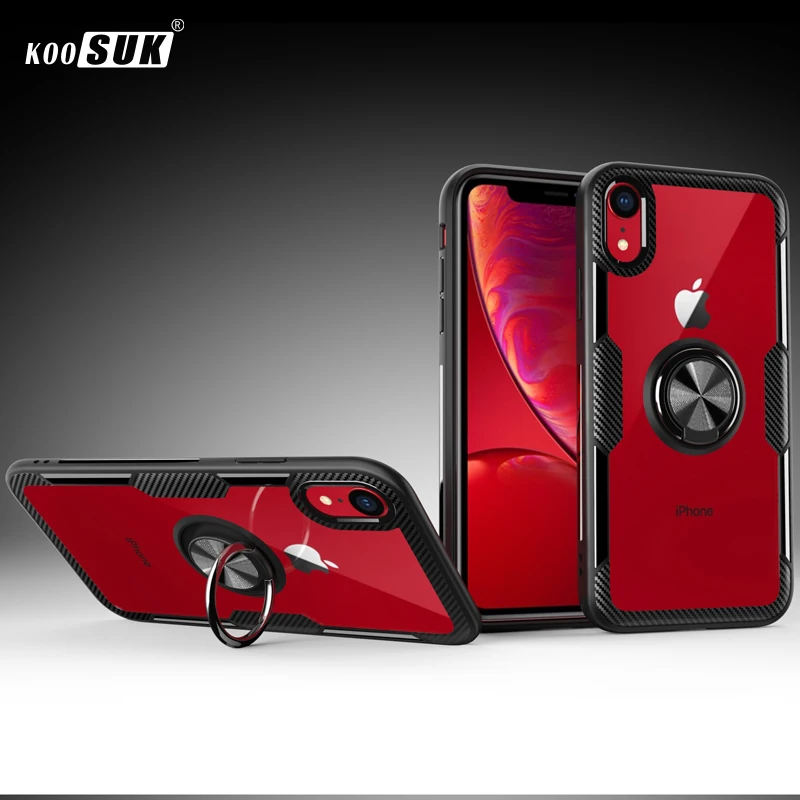 

For iPhone XR Case Luxury Transparent Cover PC+Carbon Fiber Full Protection Ring Magnetism Phone Shell For iPhone X R Case Caque