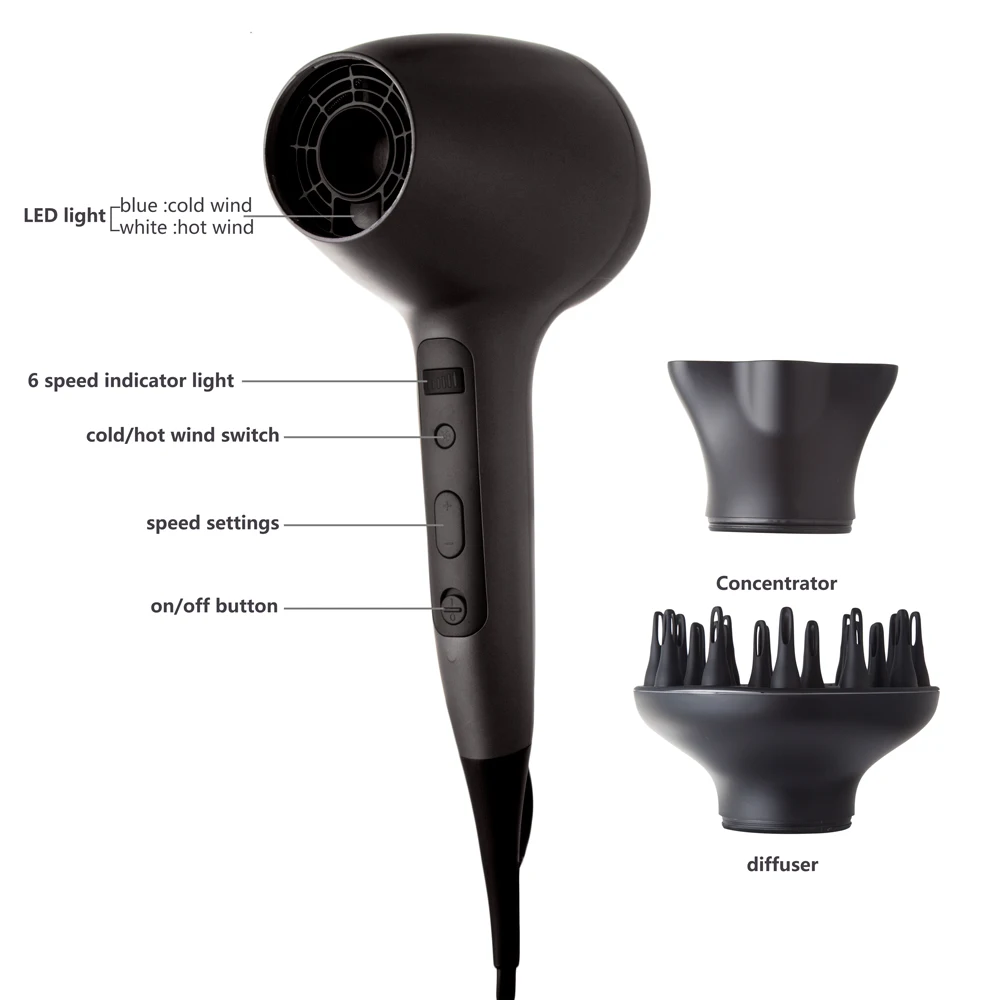 Secador de Cabelo com Sensor de Toque Secador de Cabelo Profissional Forte Vento Ionic Quente Frio 1600w 6 Velocidade 5 Profissional forte vento secador de cabelo com