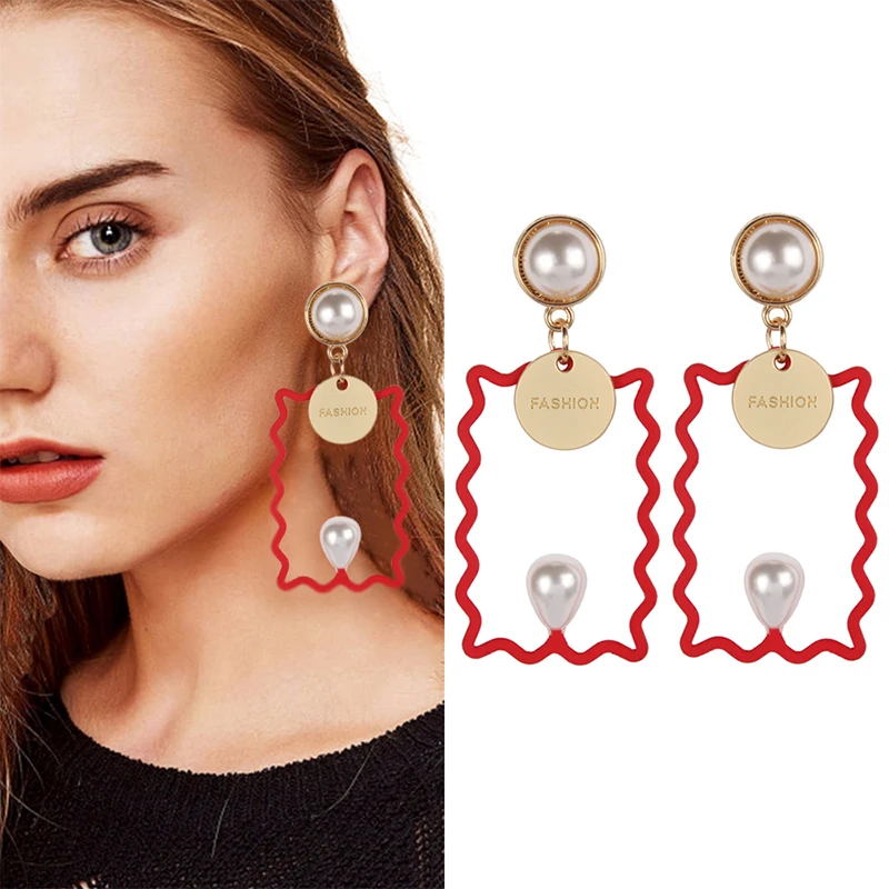 

Unique Rectangle Border Drop Dangle Earrings Big Square Red Earrings for Women Fashion Pearl Pendant Earring Party Jewelry