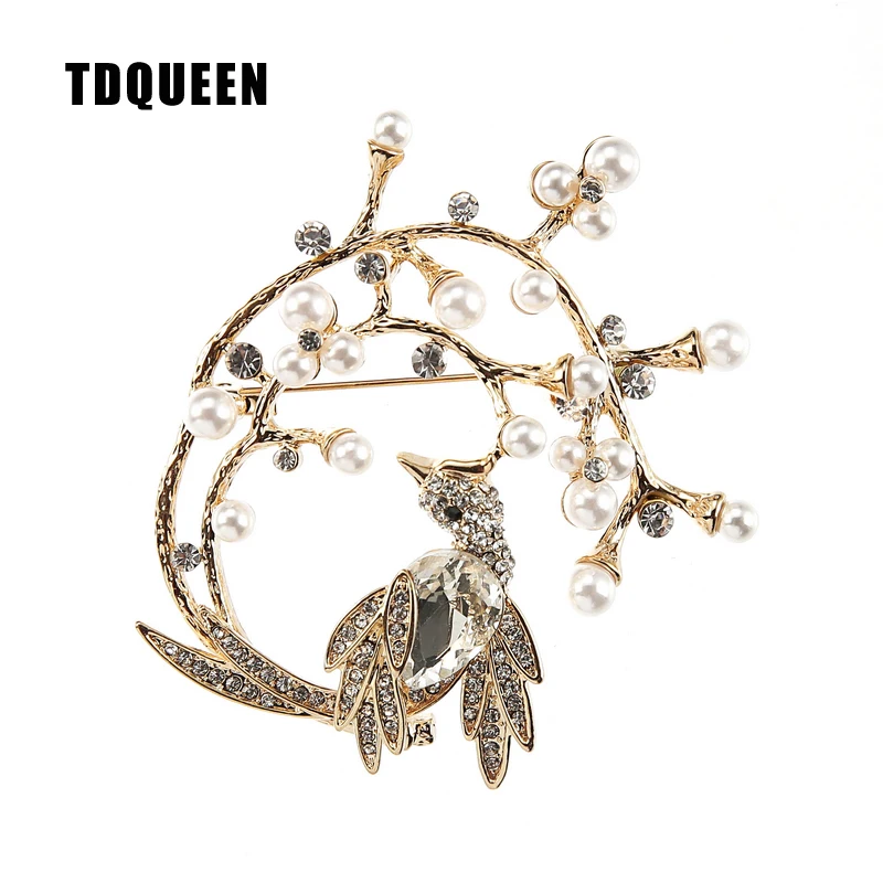 TDQUEEN Brooches Trendy Crystal Bird Pins and Brooches Safety Pin Jewelry Gold-color Zinc Alloy Round Metal Brooch for Women