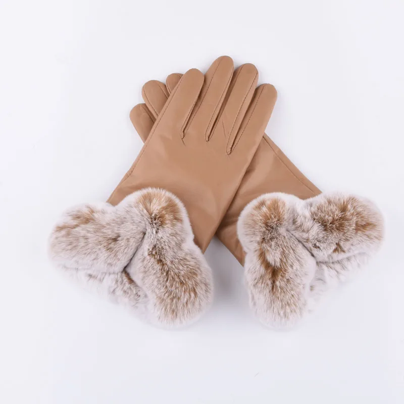 Толстые теплые женские перчатки из овчины натуральный настоящий мех кролика натуральная кожа зимние модные перчатки варежки