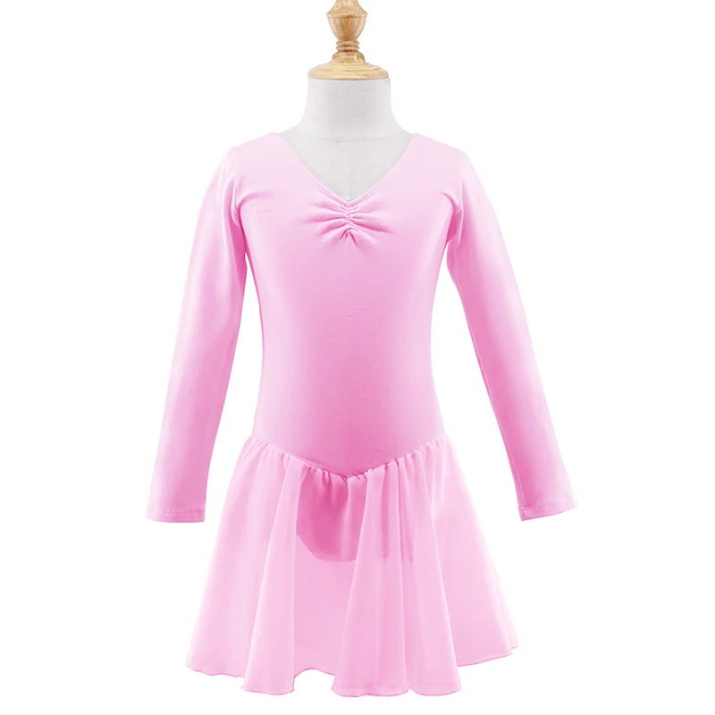 Children Long Sleeve Ballet Leotard Girls Kids Cotton Dance Training Dress Chiffon Skirted Leotard 