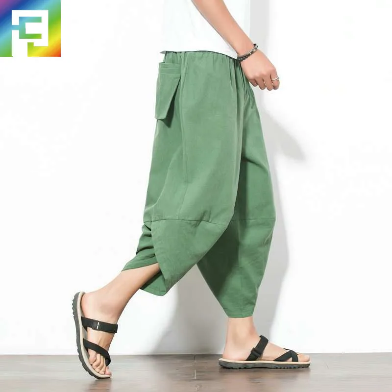 Китайский Стиль льняные брюки мужские льняные Мужские штаны s широкие укороченные одноцветная Мужская льняная кунг-фу Брюки - Цвет: Зеленый