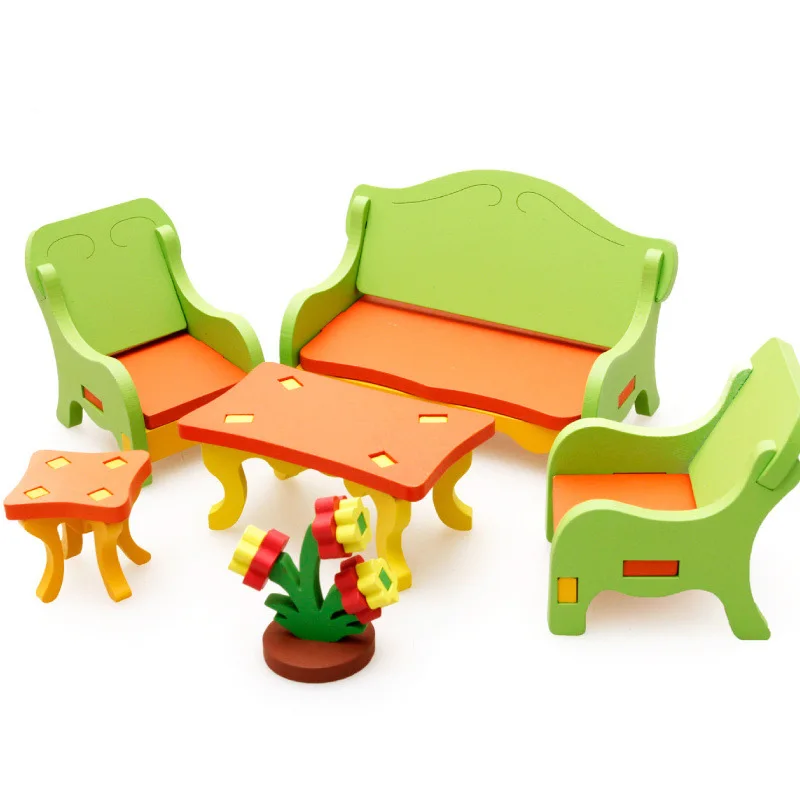 

New Kids Children DIY Educational Toy Wooden 3D Assembly Puzzle Home Table Chair Dresser Toys Model Brand High Quality 1 Set