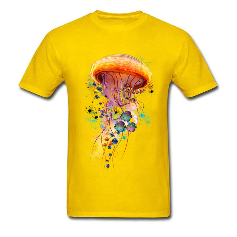Electric Jellyfish World 100% Cotton Men Short Sleeve Tops Tees Europe Summer Fall Top T-shirts Discount Round Neck Tee-Shirt Electric Jellyfish World yellow