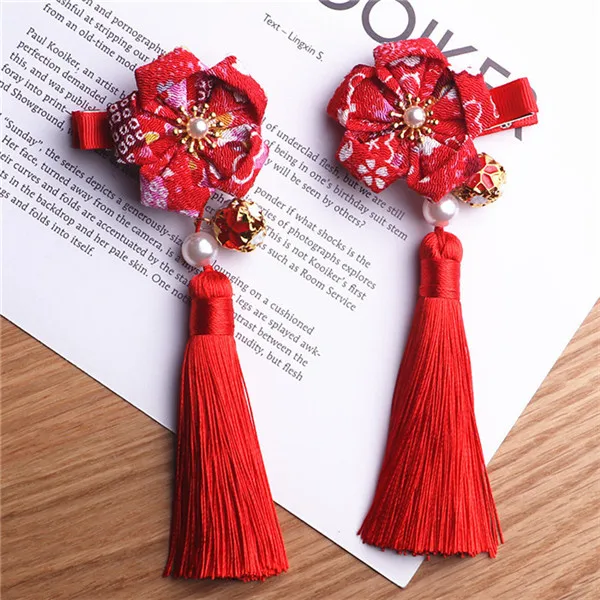 2 шт./лот китайский стиль год кисточкой мяч дворца принцессы девочек Cheongsam шпильки заколка для волос для детей аксессуары для волос - Цвет: 1 red