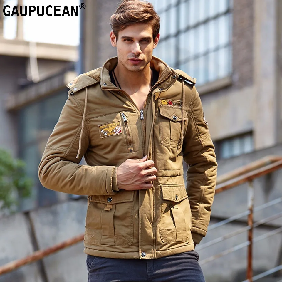 

Men Jacket Thick Fleece Hoody 100% Cotton Warm Zipper Pockets Hoodie Casual Hooded Military Amy Winter Male Outwear Man Coat