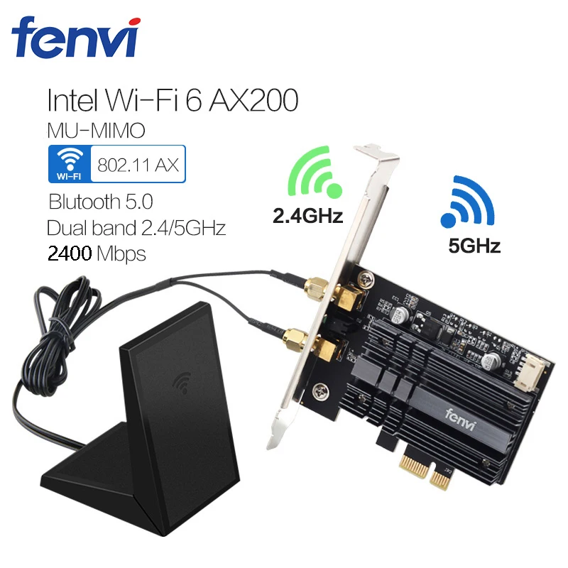 

Desktop Dual Band 2400Mbps Wireless PCI-E Wifi Adapter Bluetooth 5.0 With Intel Wi-Fi 6 AX200 802.11ax/ac 2.4G/5G Card For PC