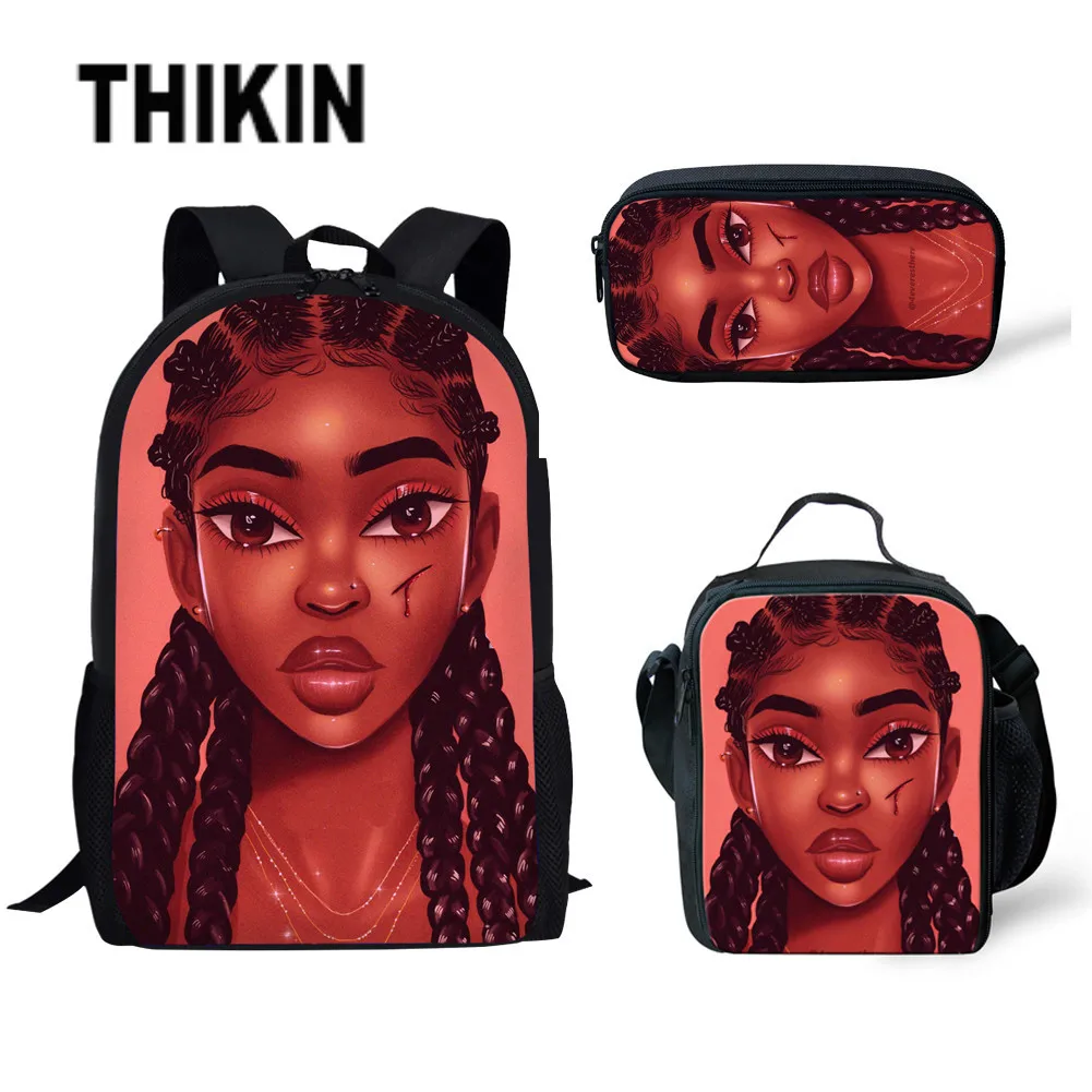 

THIKIN Girls School Bags for Kids Black Art African Girl Printing Lunch Box Bagpack Children 3pcs/set School Book Bags Stachel