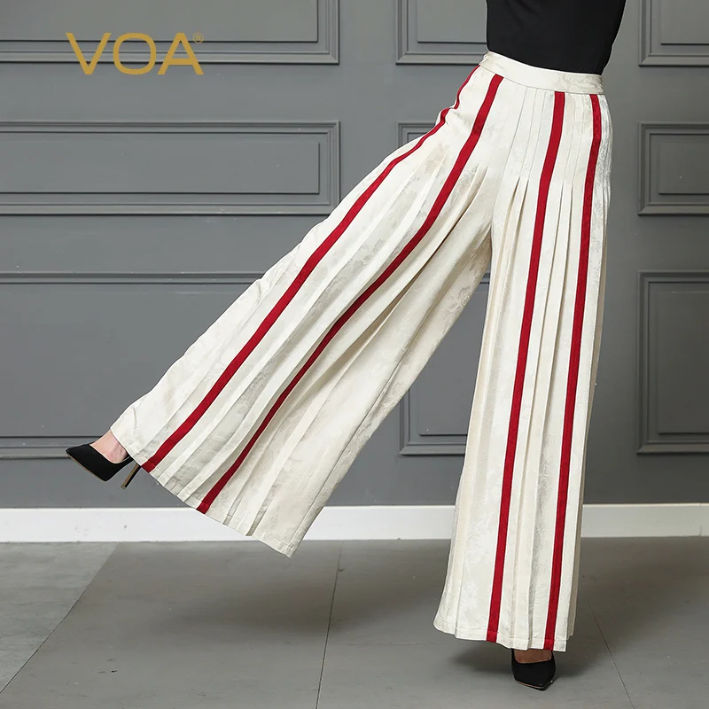 

VOA Red Striped Silk Palazzo Wide Leg Pants White Long Trousers Women Plus Size 5XL Loose Office Casual High Waist Broeken K316