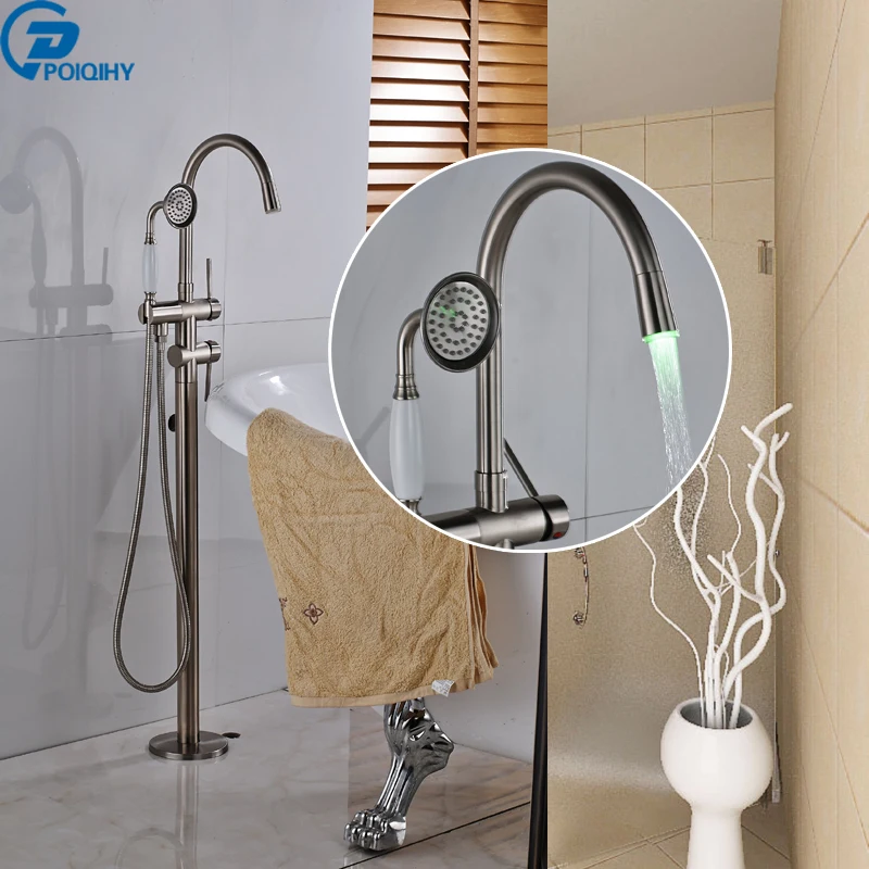 

POIQIHY brushed bathtub faucet with LED free standing mount tub mixer tap with ceramic handheld shower bathroom tub filler